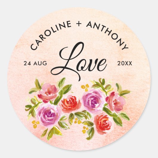 Peach roze rode Waterverf Floral bruiloft Ronde Sticker (Voorkant)