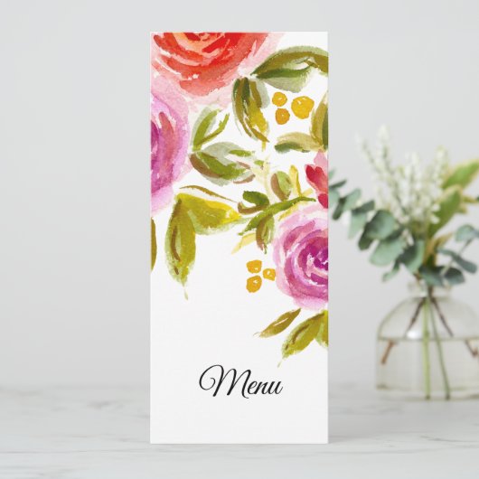 Peach roze rode Waterverf Floral Wedding Menu Kaar (Staand voorkant)