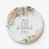 Peach Roze Rose Bloemen 70ste Verjaardag Papieren Bordje (Voorkant)