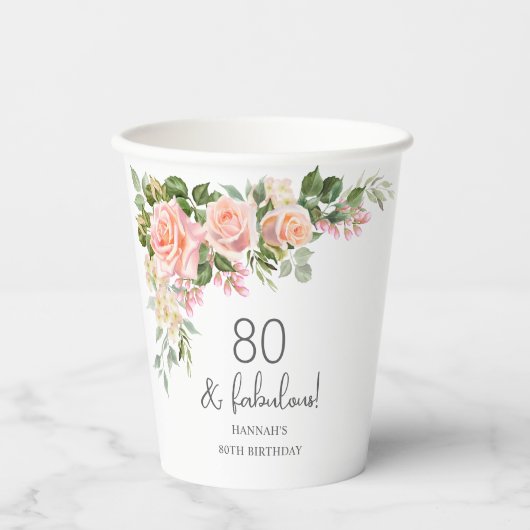 Peach Roze Rose Bloemen 80ste Verjaardag Papieren Bekers (Voorkant)