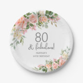 Peach Roze Rose Bloemen 80ste Verjaardag Papieren Bordje (Voorkant)