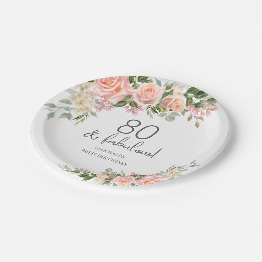 Peach Roze Rose Bloemen 80ste Verjaardag Papieren Bordje (Gekanteld)