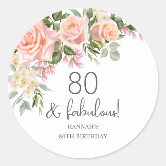 Peach Roze Rose Bloemen 80ste Verjaardag Ronde Sticker (Voorkant)
