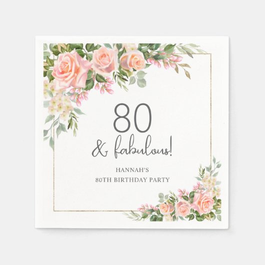 Peach Roze Rose Bloemen 80ste Verjaardag Servet (Voorkant)