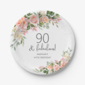 Peach Roze Rose Bloemen 90ste verjaardag Papieren Bordje (Voorkant)