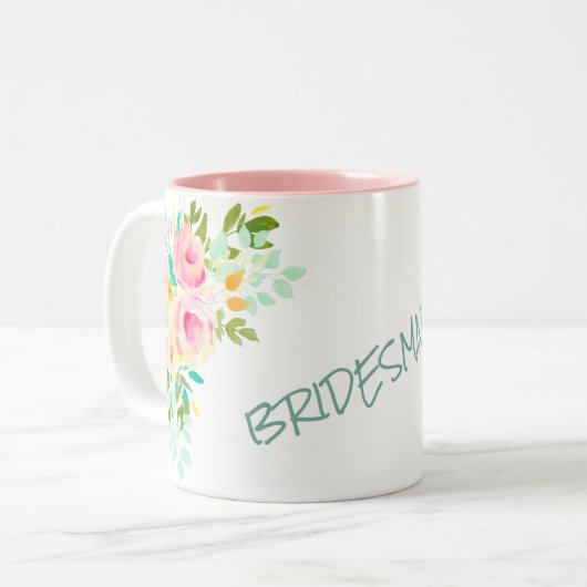 Peach roze roses bridesmaid Weddenschap Tweekleurige Koffiemok (Voorkant links)