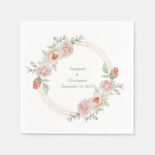 Peach roze roze groene Floral Gold Lijst bruiloft Servet (Voorkant)