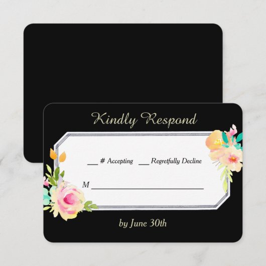 Peach roze rozen op Black Wedding RSVP Kaartje (Voorkant / Achterkant)
