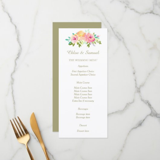 Peach roze rozen op het White Wedding Menu (Voorkant / Achterkant in situ)
