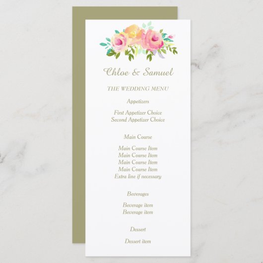 Peach roze rozen op het White Wedding Menu (Voorkant / Achterkant)