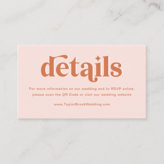 Peach Roze Sinaasappel Boho Disco bruiloft details Informatiekaartje (Voorkant)