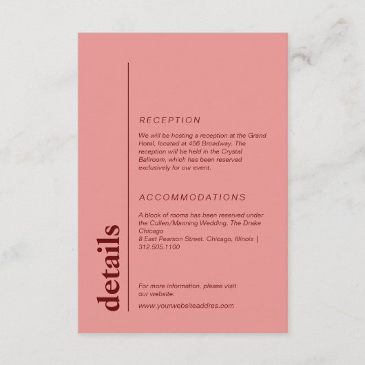 Peach roze vet bruiloft informatie informatiekaartje (Voorkant)