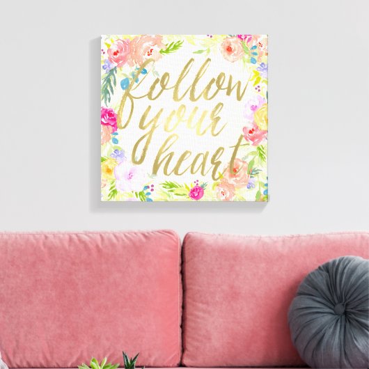 Peach Roze Waterverf Bloemen Volg je hart Canvas Afdruk (Insitu (Woonkamer))