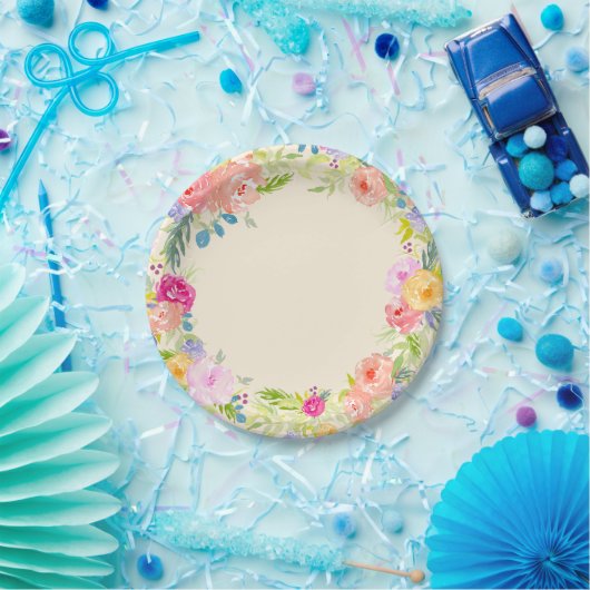  Peach roze Waterverf Floral Papieren Bordje (Feest)