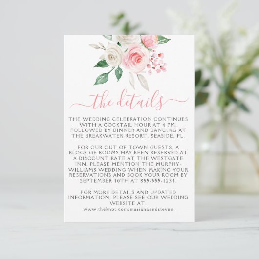 Peach roze Waterverf Floral Weddenschap Informatiekaartje (Staand voorkant)
