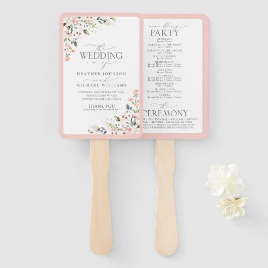 Peach roze Waterverf Floral Wedding Programme Handwaaier (Voorkant en achterkant)