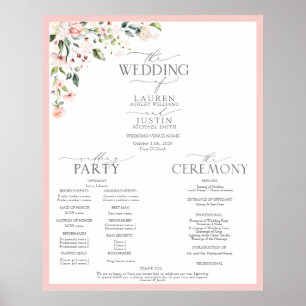 Peach roze Waterverf Floral Wedding Programme Poster