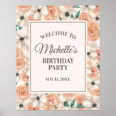 Peach roze White Floral Birthday Party Welcome Poster (Voorkant)