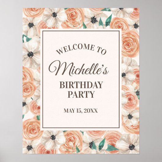 Peach roze White Floral Birthday Party Welcome Poster (Voorkant)