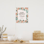 Peach roze White Floral Happy Birthday Party Poster (Keuken)