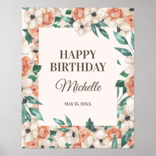 Peach roze White Floral Happy Birthday Party Poster
