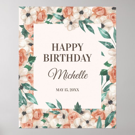 Peach roze White Floral Happy Birthday Party Poster (Voorkant)