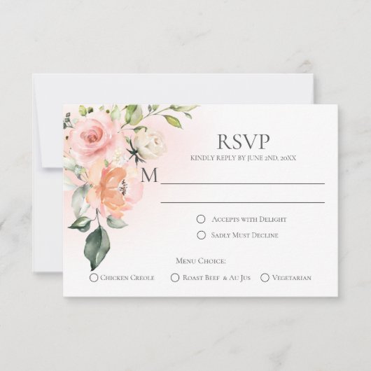 Peach Roze Wit Rozen Menu Keuze RSVP Kaarten (Voorkant)