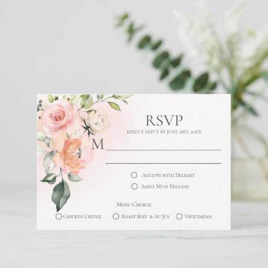 Peach Roze Wit Rozen Menu Keuze RSVP Kaarten (Staand voorkant)