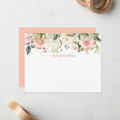 Peach roze witte rozen Witte hydrangeenmonogram Notitiekaartje (Voorkant / Achterkant in situ)