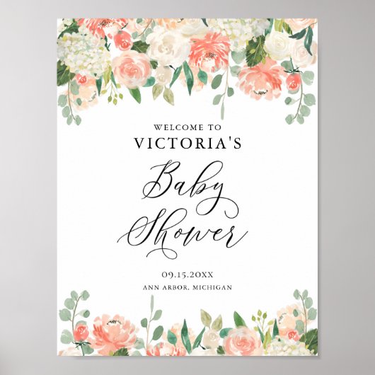Peach Rozen and Hydrangeas Baby shower Welcome Poster (Voorkant)