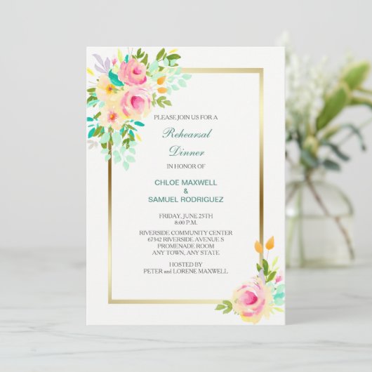 Peach Rozen bruiloft repetitie dineruitnodiging Kaart (Staand voorkant)