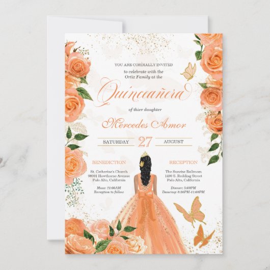 Peach Rozen Butterflies Mariposa Quinceanera Kaart (Voorkant)