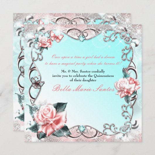 Peach Rozen & Butterflies Verjaardagsfeest Kaart (Voorkant / Achterkant)