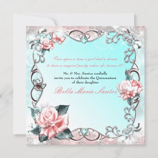 Peach Rozen & Butterflies Verjaardagsfeest Kaart (Voorkant)