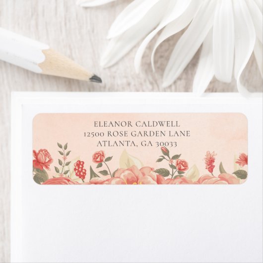 Peach Rozen Coral Wedding Retouradres Etiket (Insitu)