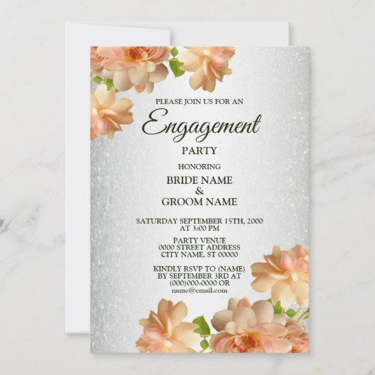 Peach Rozen Floral Silver Glitter Engagement Party Kaart (Voorkant)