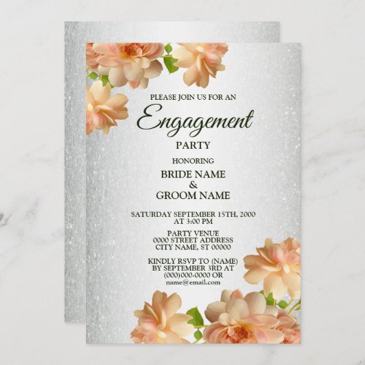 Peach Rozen Floral Silver Glitter Engagement Party Kaart (Voorkant / Achterkant)