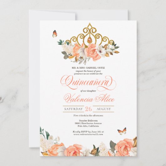 Peach Rozen Gold Tiara Butterfly Elegant Quince Kaart (Voorkant)