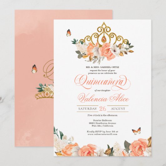 Peach Rozen Gold Tiara Butterfly Elegant Quince Kaart (Voorkant / Achterkant)