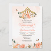Peach Rozen Gold Tiara Butterfly Quinceanera Kaart (Voorkant)