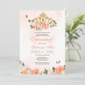 Peach Rozen Gold Tiara Butterfly Quinceanera Kaart (Staand voorkant)