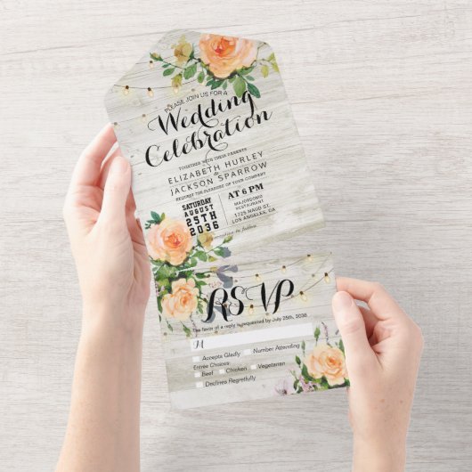 Peach Rozen Rustic Wood String Lights Wedding RSVP All In One Uitnodiging (Afscheurbaar)