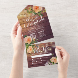 Peach Rozen Rustic Wood String Lights Wedding RSVP All In One Uitnodiging