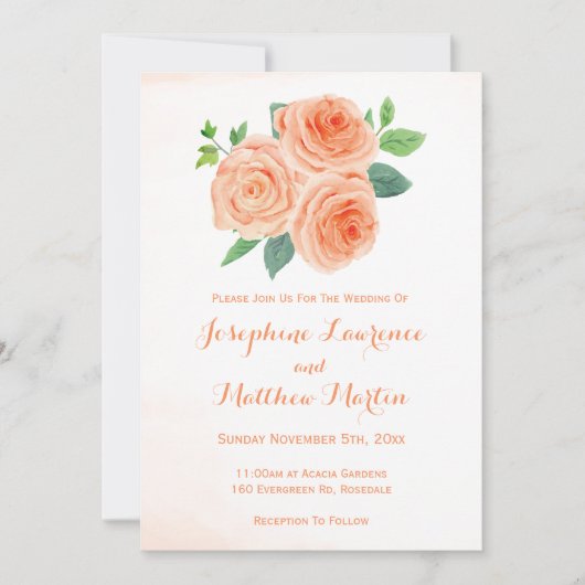 Peach Rozen Waterverf bruiloft uitnodigingen (Voorkant)