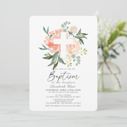 Peach Rozen Witte Kruis Meisje Doop Uitnodiging (Staand voorkant)