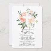 Peach Rozen Witte Kruis Meisje Doop Uitnodiging (Voorkant)