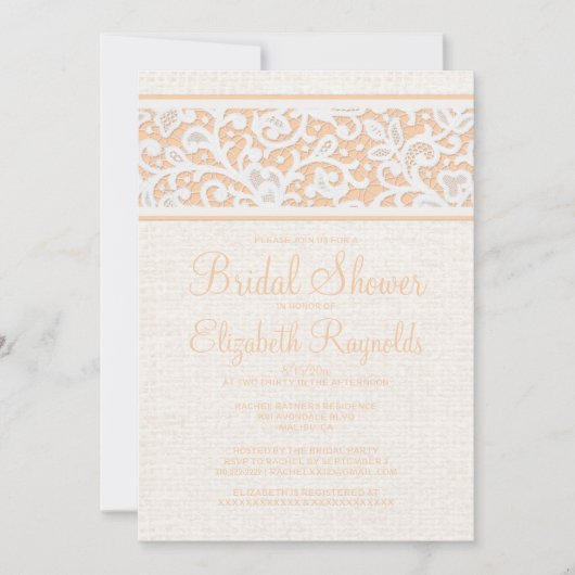 Peach rustic Burlap Linen Bridal Shower Kaart (Voorkant)