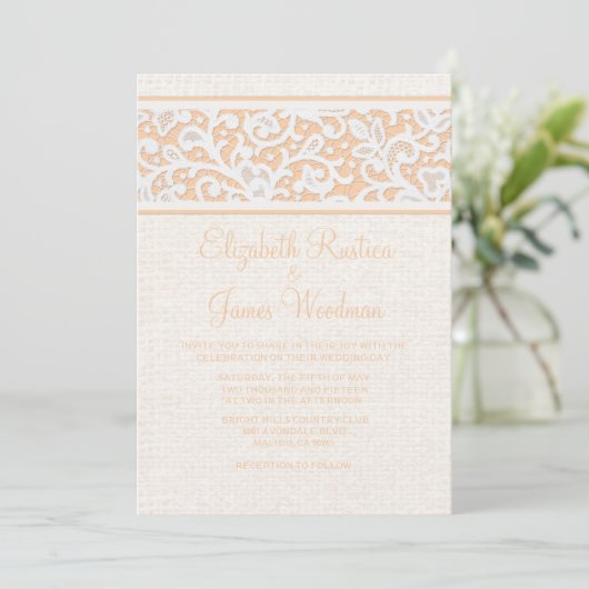 Peach rustic Burlap & Linen Wedding Invitations Kaart (Staand voorkant)