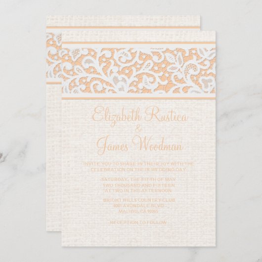 Peach rustic Burlap & Linen Wedding Invitations Kaart (Voorkant / Achterkant)