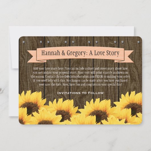 PEACH RUSTIC SUNFLOWER BEWAREN DE DATUMKAART SAVE THE DATE (Achterkant)